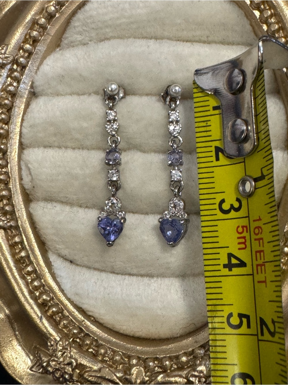 S925 tanzanite dangly earrings heart shape blue seed pearl - Picture 5 of 5